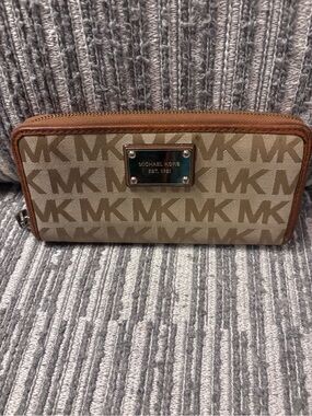 Michael Kors Beige and Brown MK Logo Zip-Around Wallet